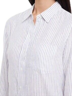 NWT GAP Women's Linen White Button-Down Shirt with Navy Pinstripes Size XL